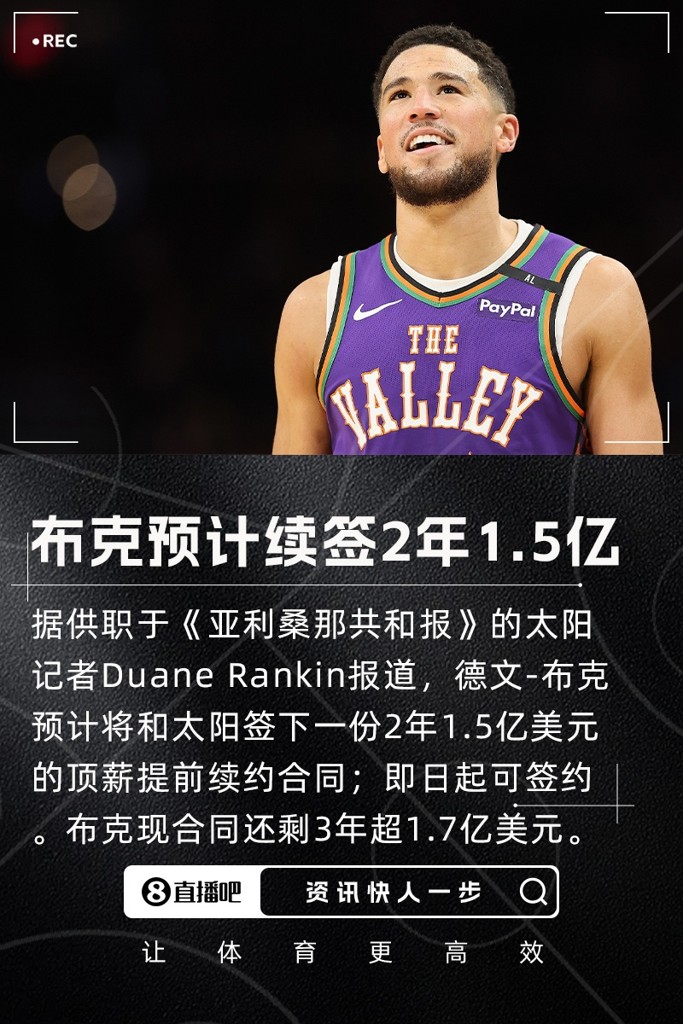 即日起可落笔~布克预计和太阳签2年1.5亿合同 现合同剩3年超1.7亿